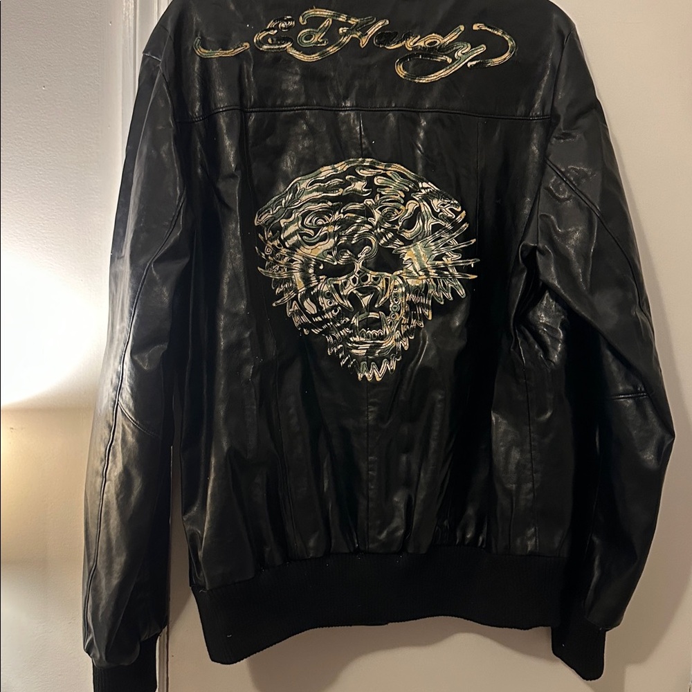 Ed Hardy Black Leather Bomber Jacket - Picture 2 of 3